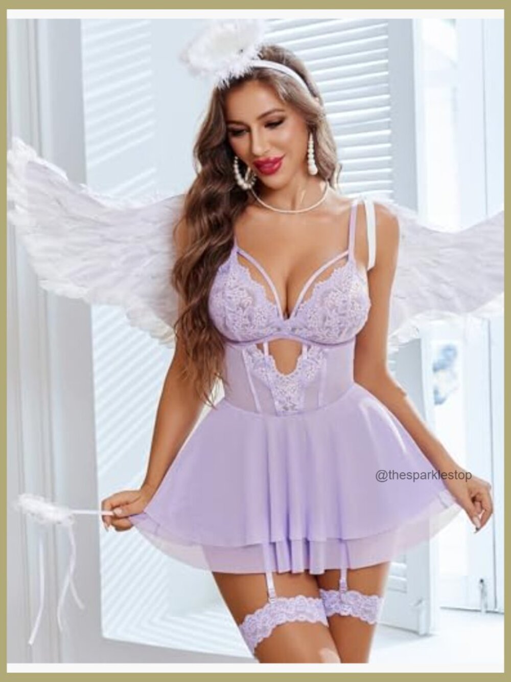 Lace Babydoll Chemise with Garter Belt, 90% Nylon 10% Spandex - Picture 2 of 5